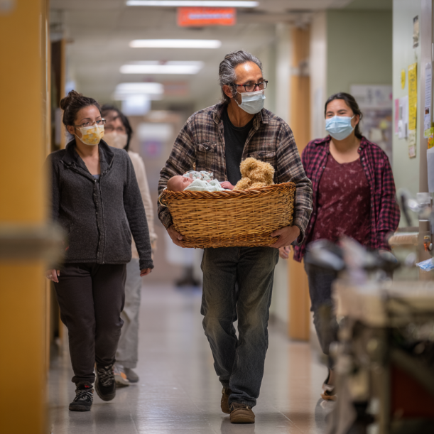 Una familia saliendo del hospital con un recién nacido | Fuente: Midjourney