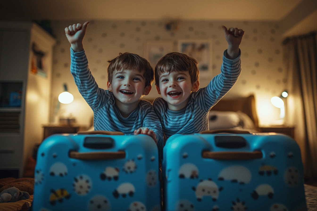 Dos niños gemelos de 7 años en pijama animando con las manos en alto en un dormitorio con una maleta azul | Fuente: Midjourney