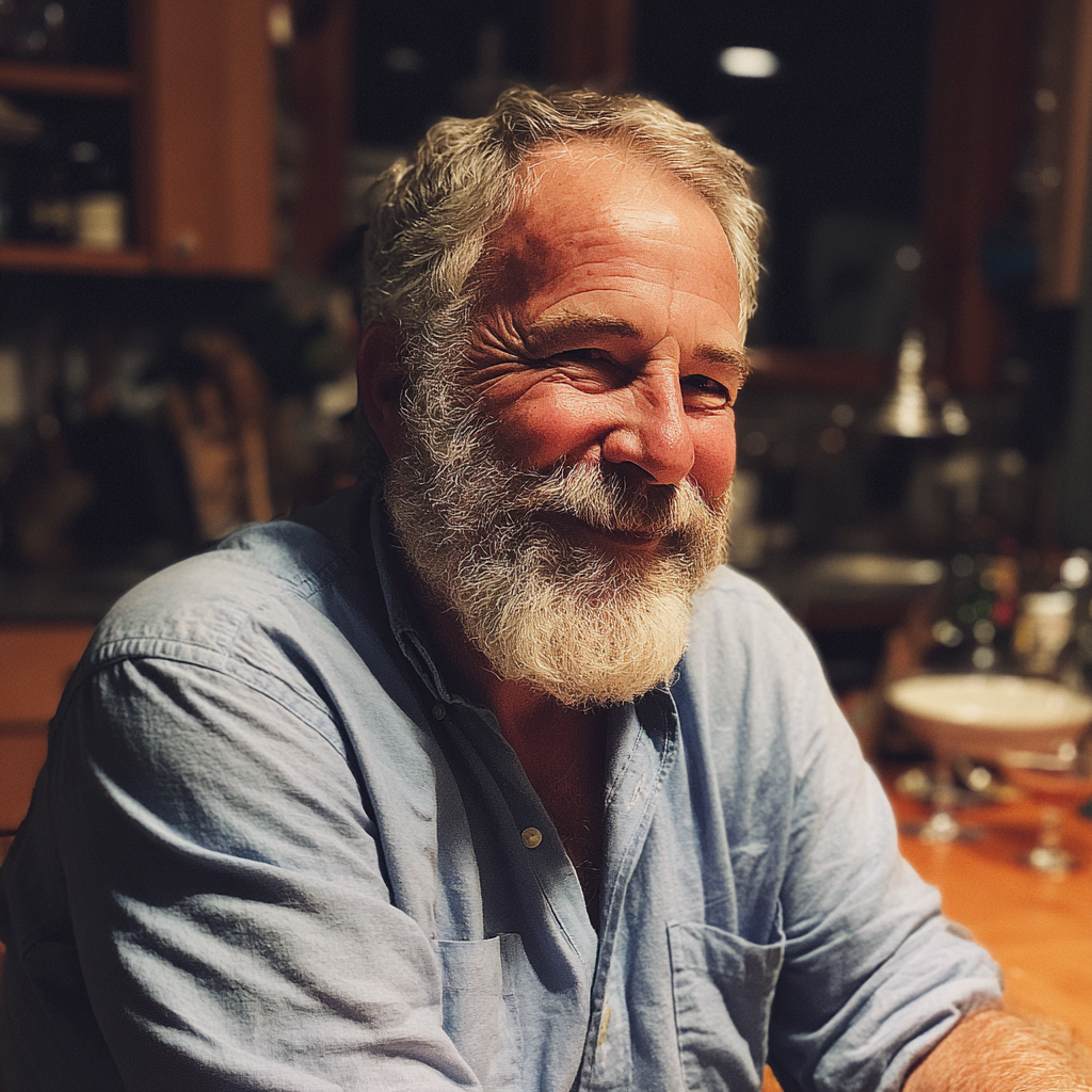 Un uomo sorridente seduto a un tavolo | Fonte: Midjourney