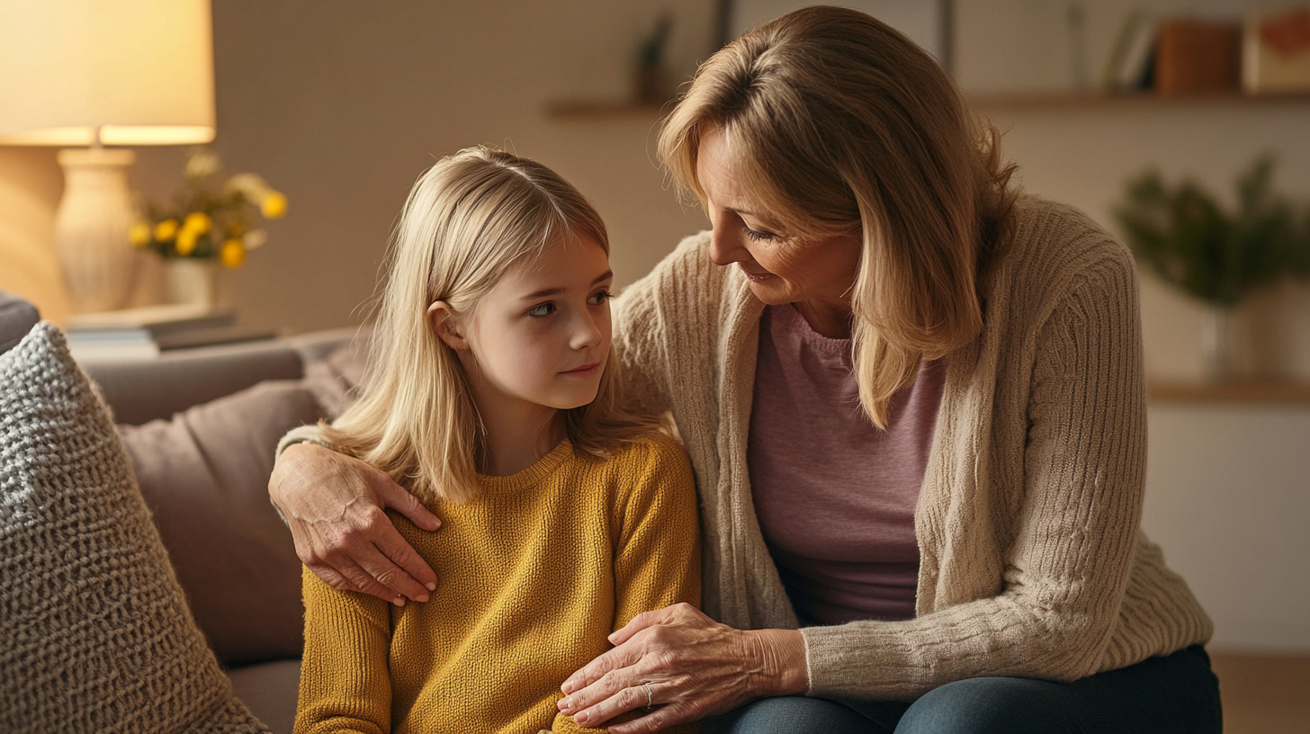 Mujer abrazando a una niña | Fuente: Midjourney