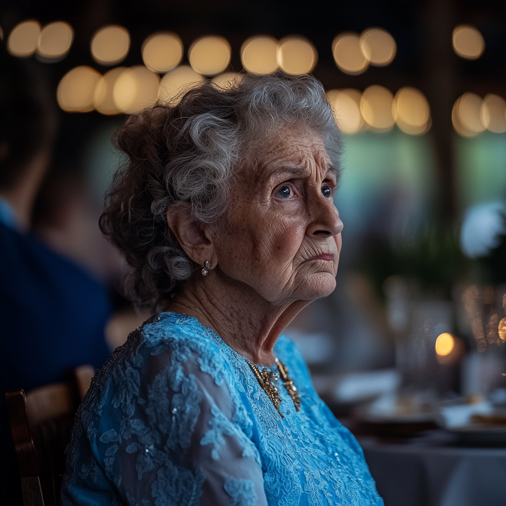 Anciana confundida en un banquete de boda | Fuente: Midjourney