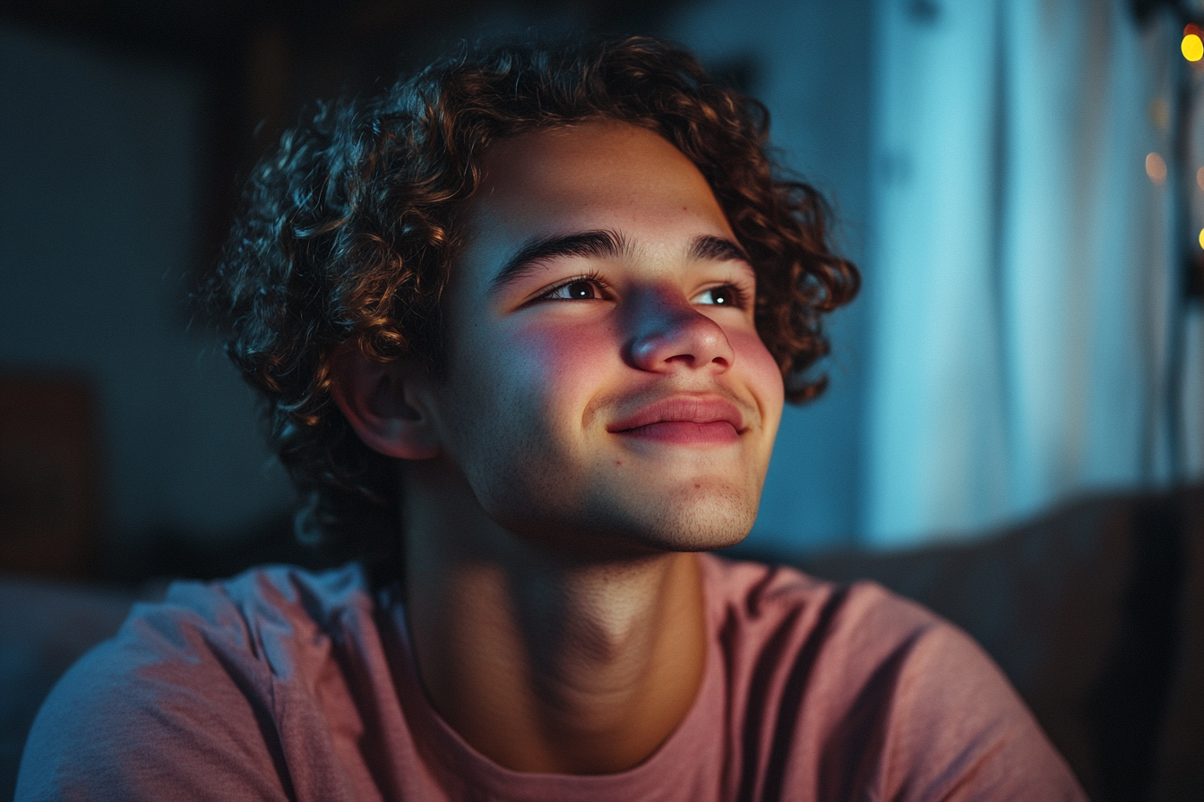 Un niño sonriendo en su habitación | Fuente: Midjourney