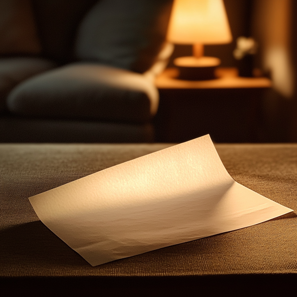 Un papel doblado sobre una mesa de café | Fuente: Midjourney