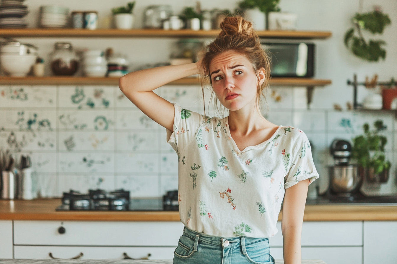 Una mujer en una cocina con cara de preocupación y confusión | Fuente: Midjourney