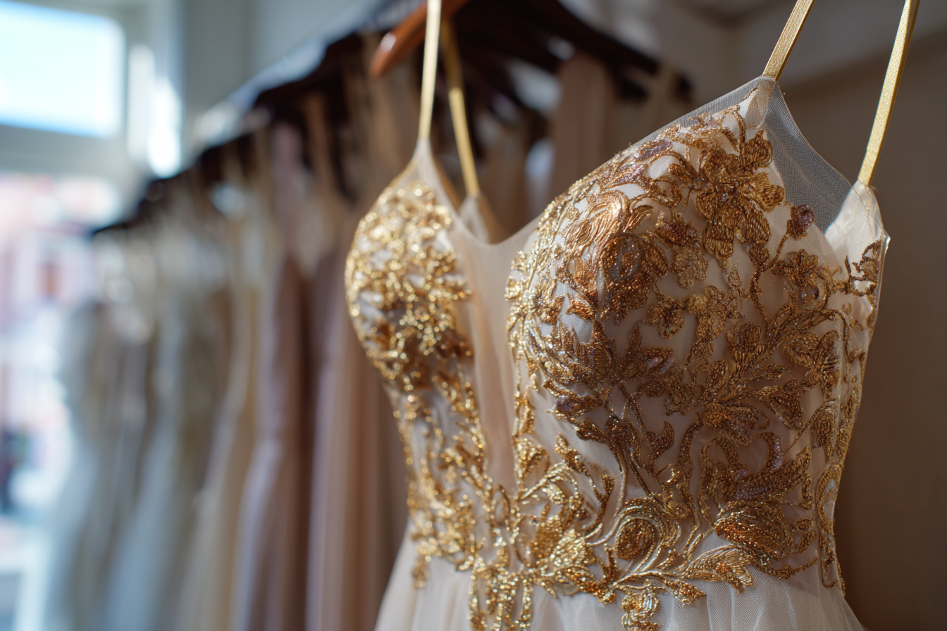 Un vestido de diseño bordado en oro en una boutique | Fuente: Midjourney
