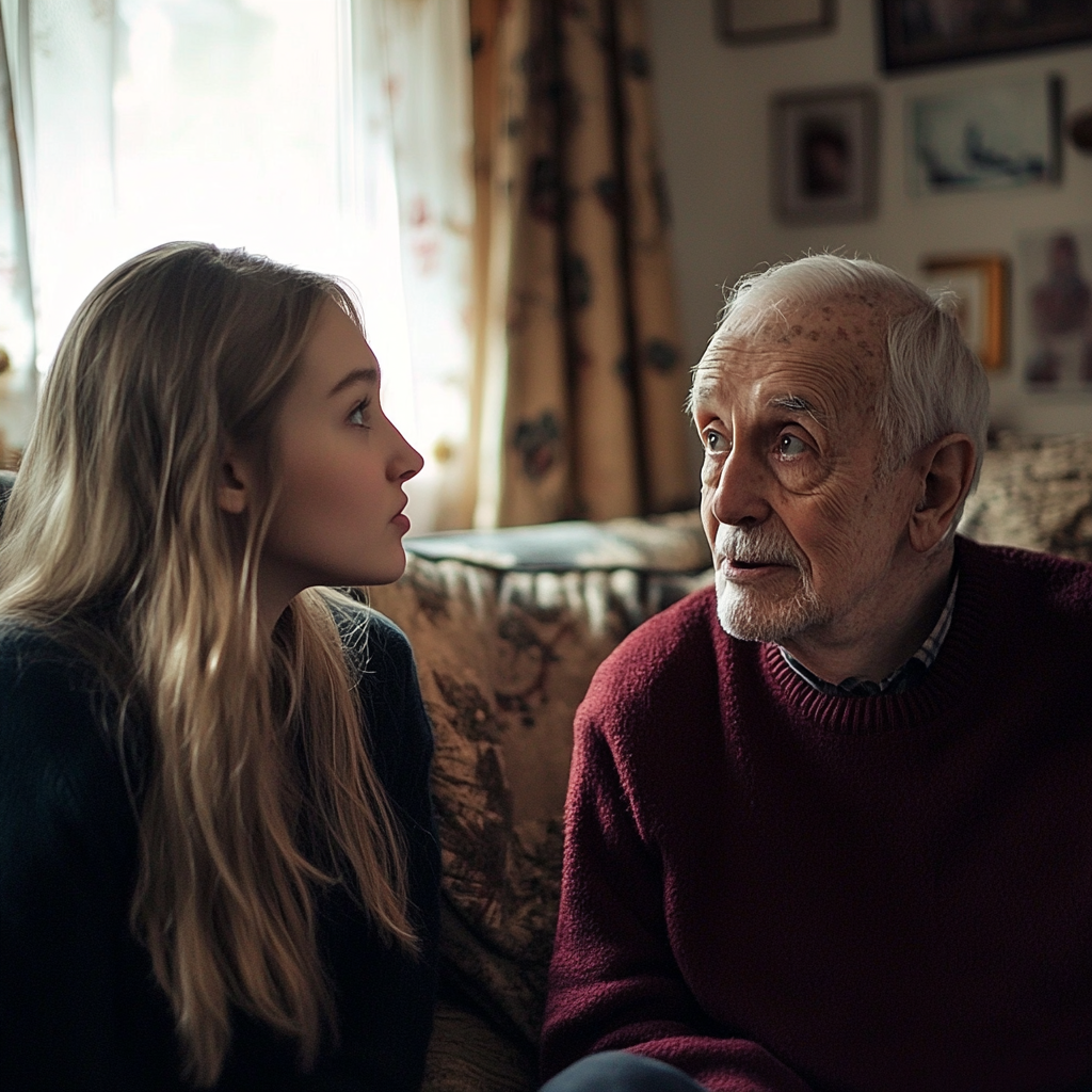 Una mujer conmocionada hablando con un anciano | Fuente: Midjourney