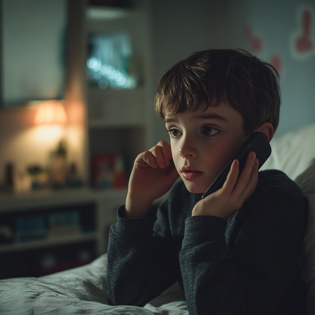 Un niño hablando por teléfono en su habitación | Fuente: Midjourney