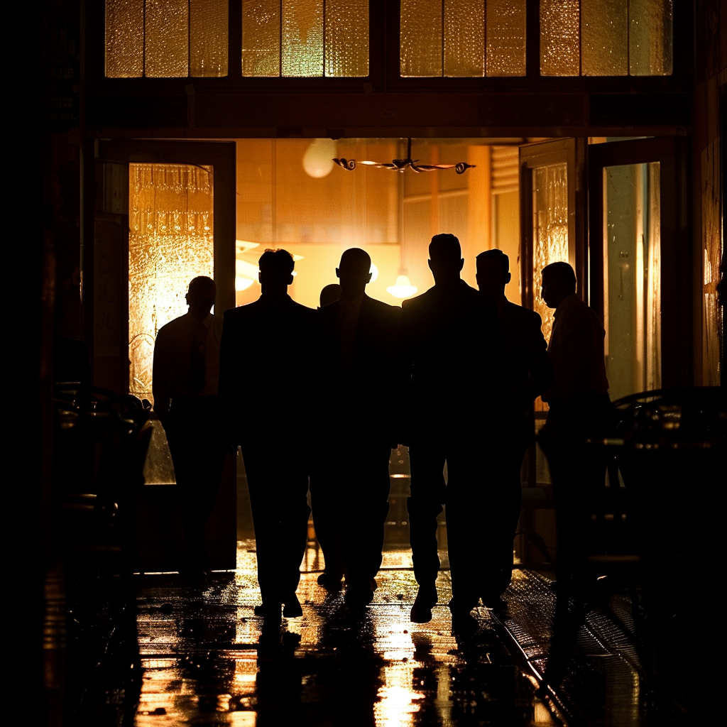 Una banda de hombres entrando en un restaurante de élite | Fuente: Midjourney