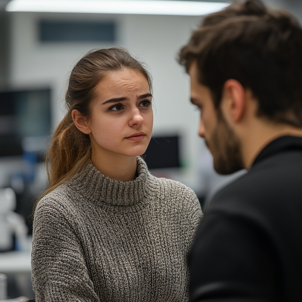 Una mujer seria y triste hablando con un técnico de laboratorio | Fuente: Midjourney