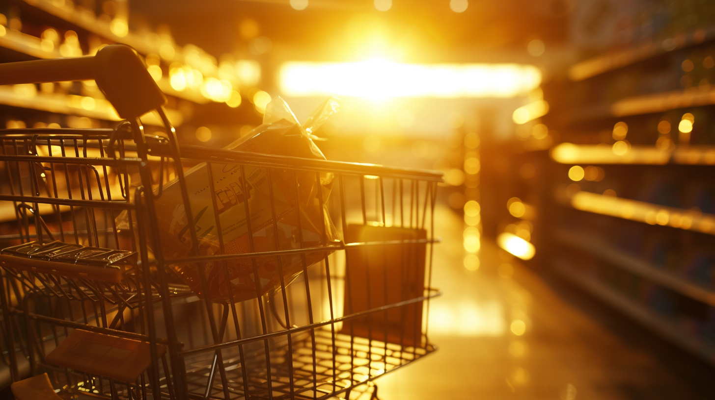 Un carrito de la compra en un pasillo de supermercado iluminado por el sol | Fuente: Midjourney