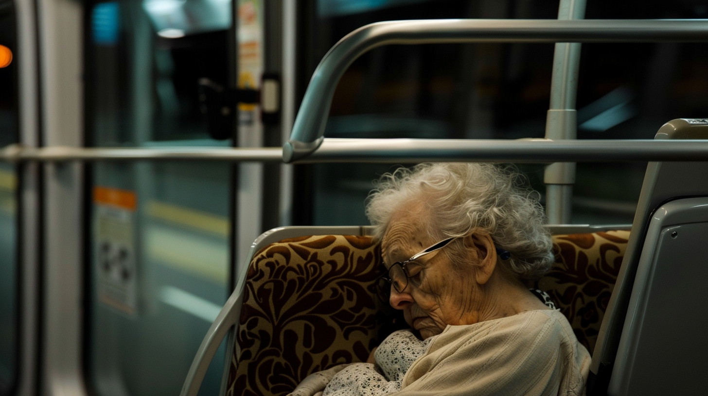 Anciana durmiendo en un autobús | Fuente: Midjourney