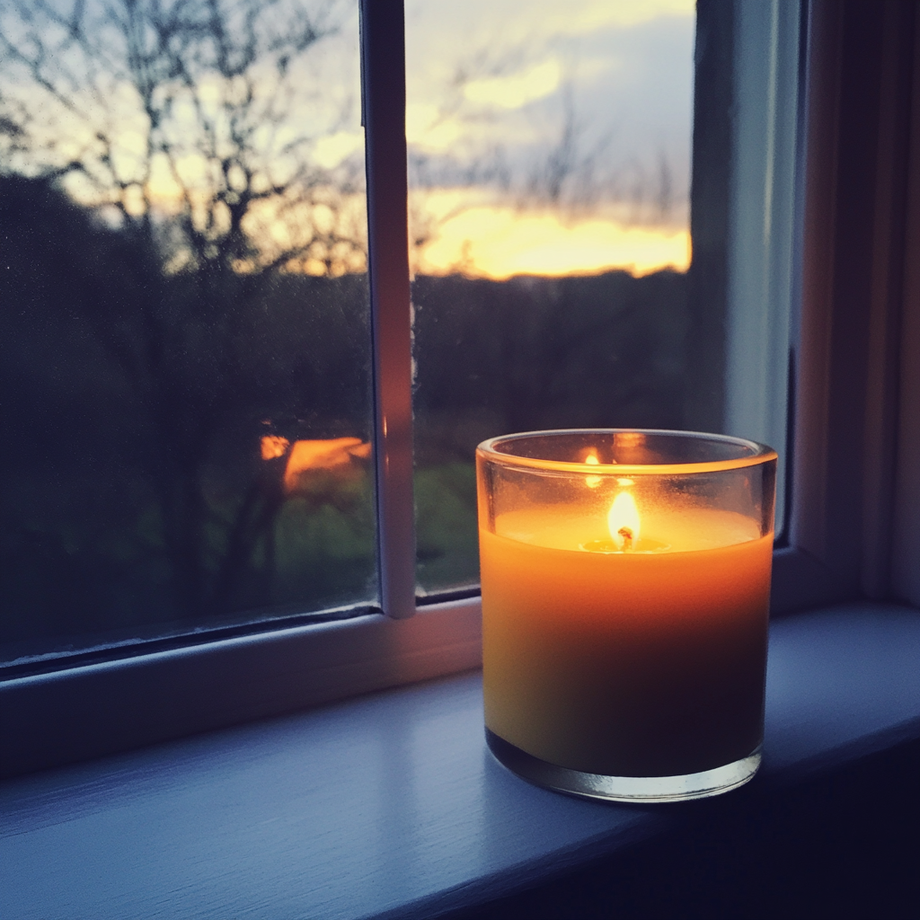 Una vela encendida en el alféizar de una ventana | Fuente: Midjourney