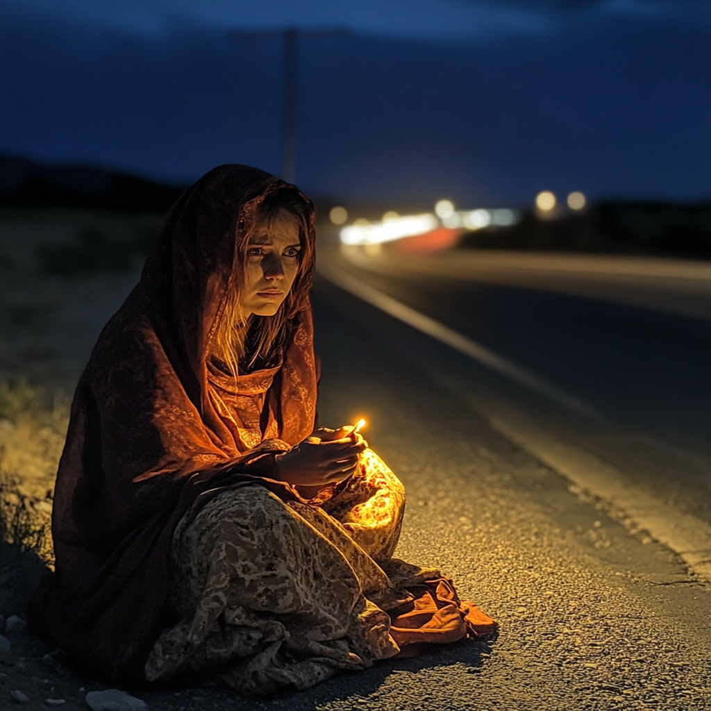 Una mujer asustada al borde de la carretera | Fuente: Midjourney