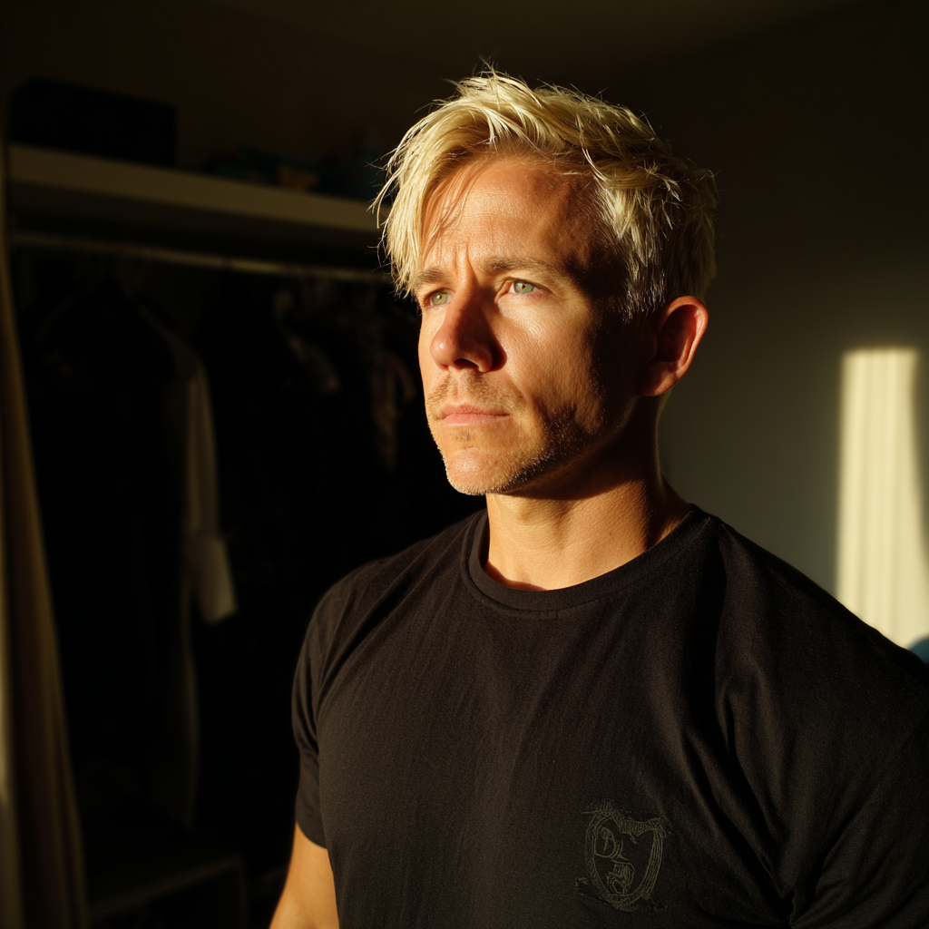 Un hombre pensativo con una camiseta negra | Fuente: Midjourney