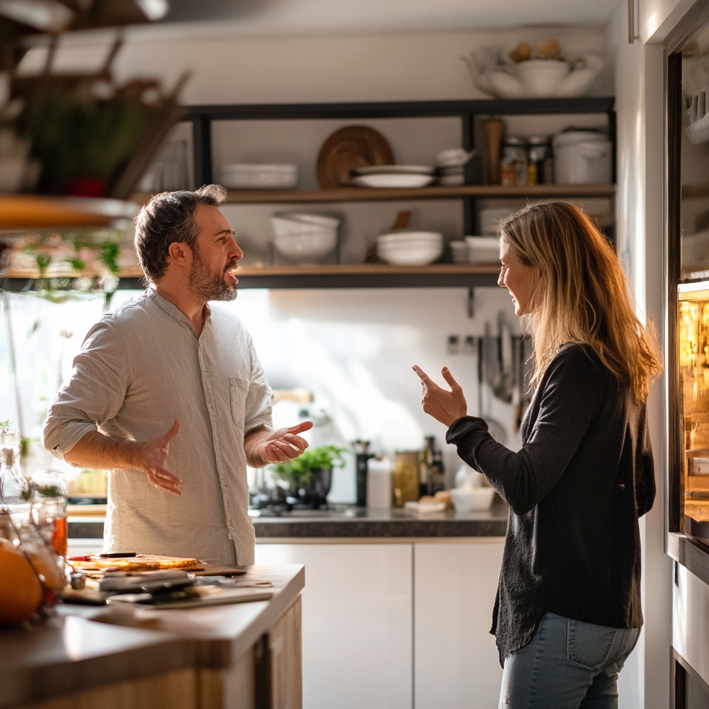 Hombre y mujer discutiendo en la cocina | Fuente: Midjourney