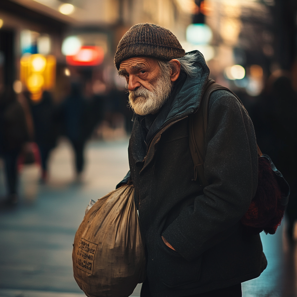 Un vagabundo encorvado con una bolsa | Fuente: Midjourney