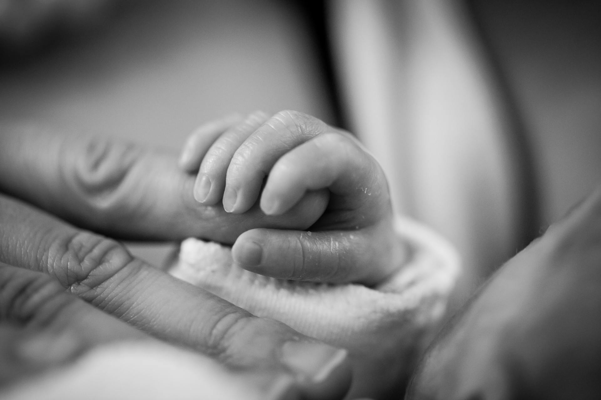 Foto en escala de grises de un bebé sujetando un dedo | Fuente: Pexels