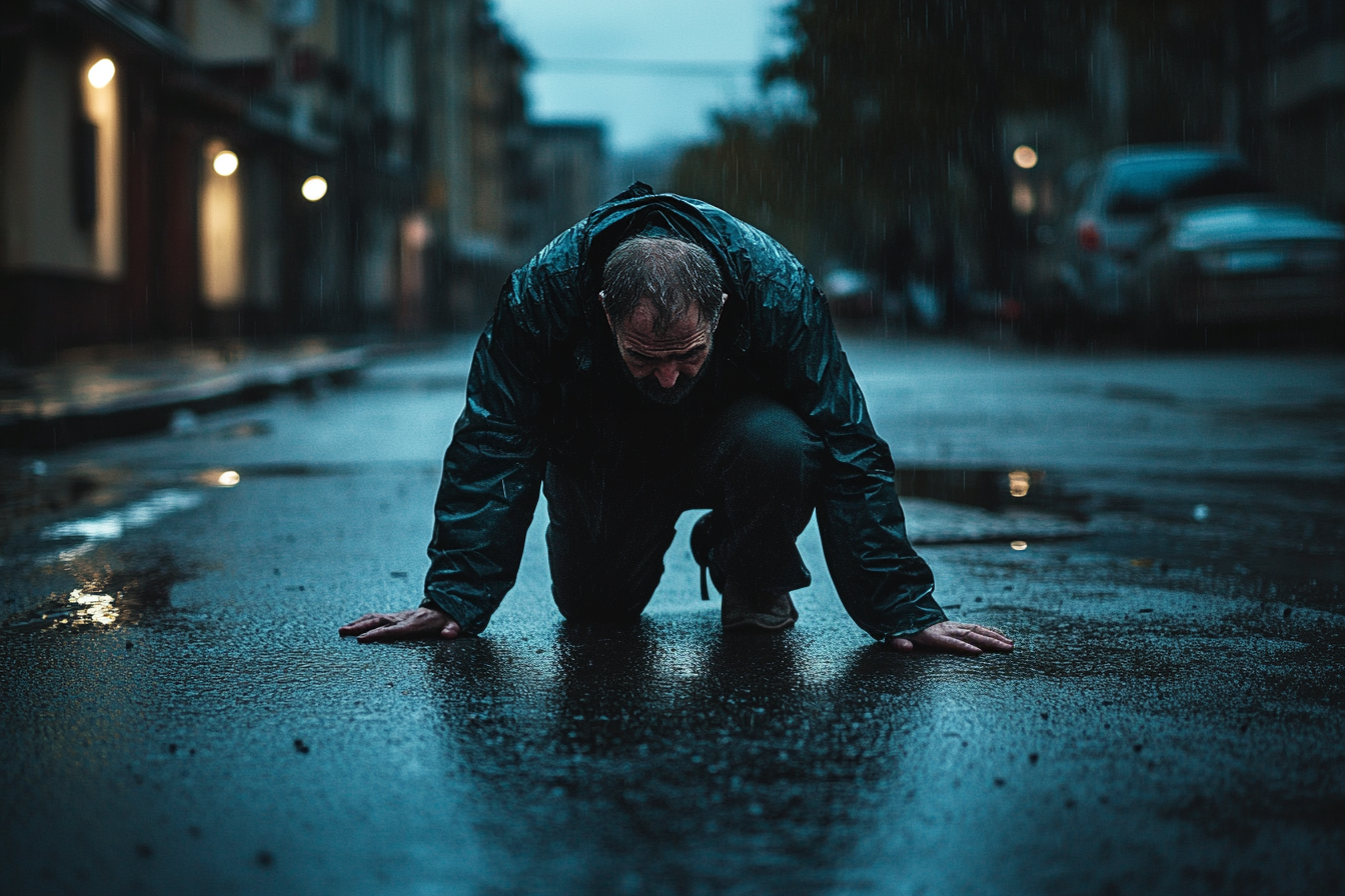 Un hombre arrodillado en una calle lluviosa con aspecto triste y desesperanzado | Fuente: Midjourney