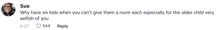 "Por qué tienes seis hijos si no puedes darle una habitación a cada uno, especialmente a los más grandes. Es egoísta." | Comentario en el post de Nicole Wong en TikTok | Foto: tiktok.com/the.wisdom.family7