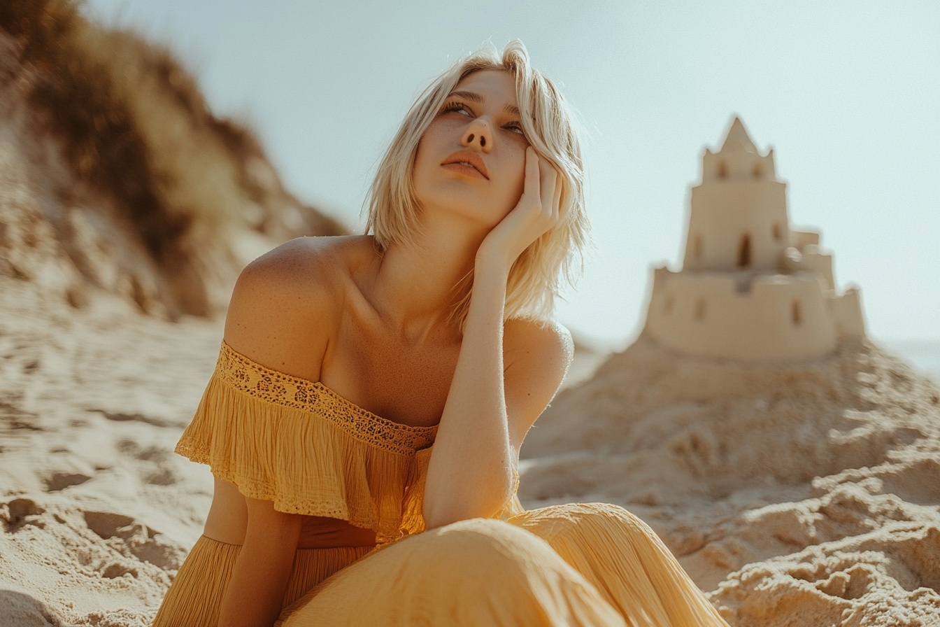 Una mujer mirando desde su sitio en una playa de arena | Fuente: Midjourney