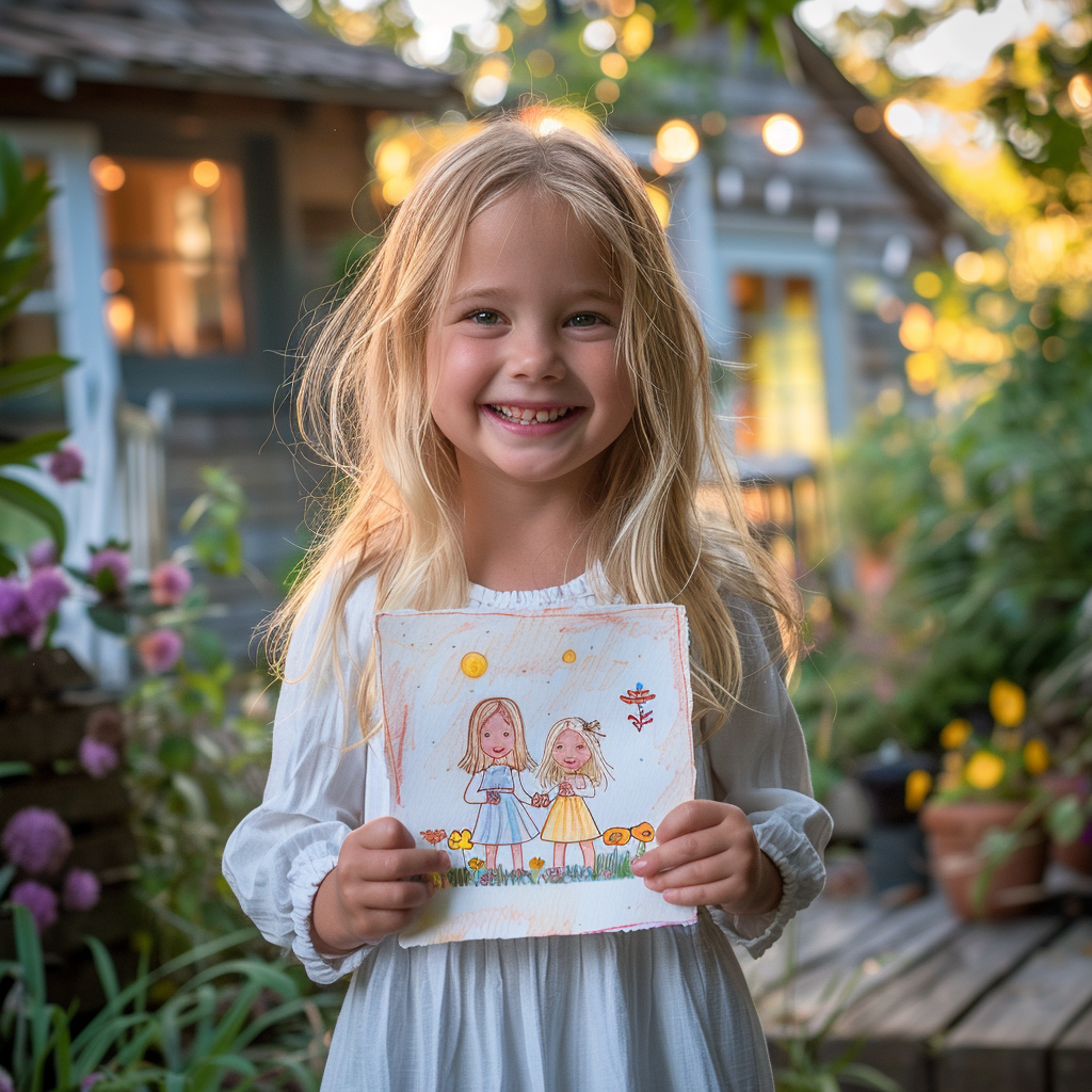 Una niña sonriendo mientras sostiene un dibujo | Fuente: Midjourney