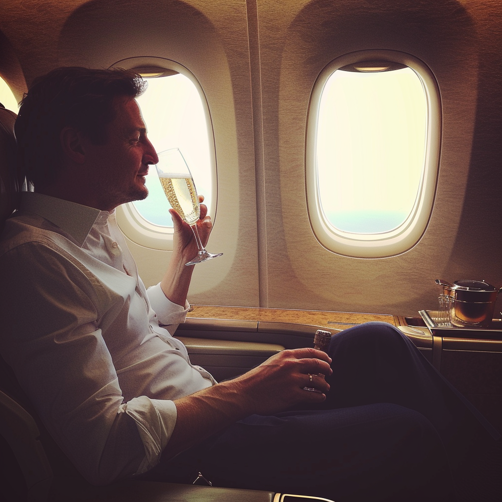 Un hombre bebiendo en un vuelo | Fuente: Midjourney