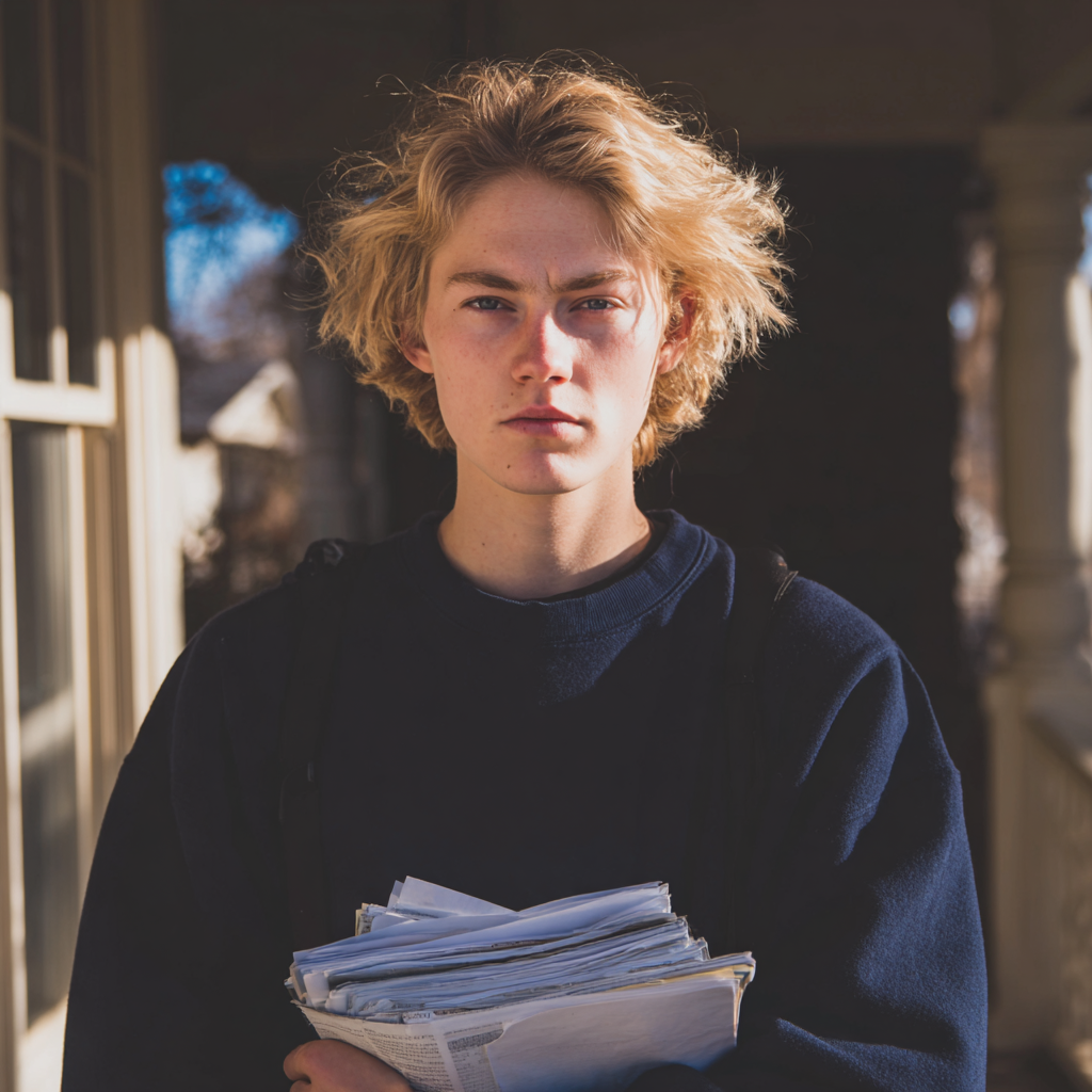 Un giovane accigliato con in mano una pila di documenti | Fonte: Midjourney