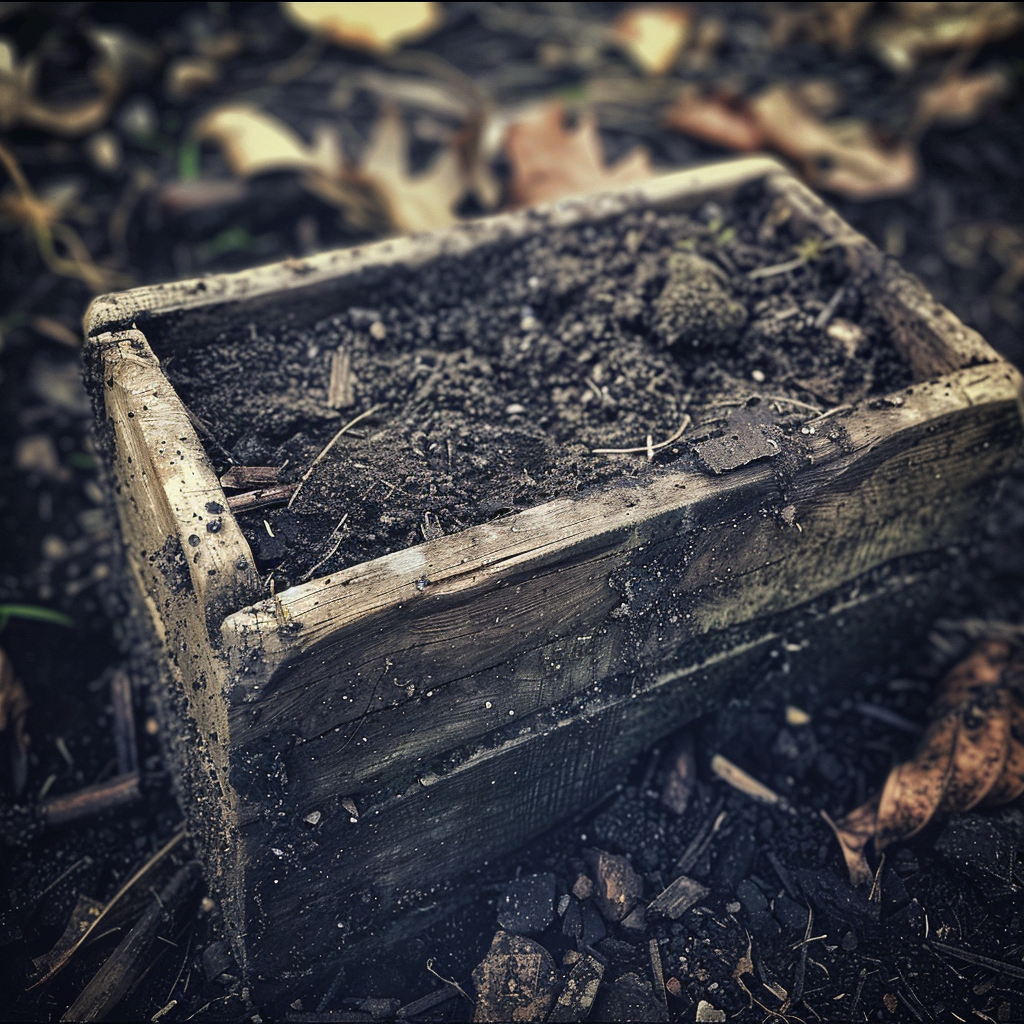 Una caja de madera cubierta de tierra | Fuente: Midjourney