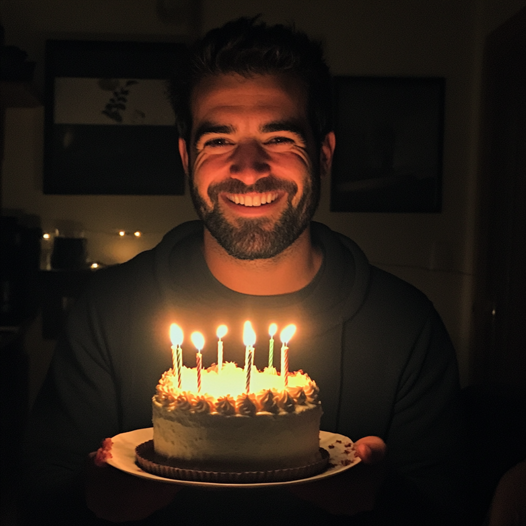 Un hombre con un pastel de cumpleaños en la mano | Fuente: Midjourney