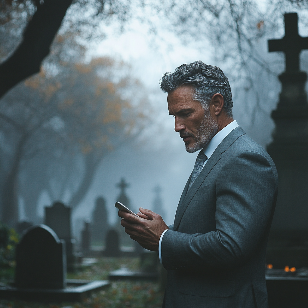 Un hombre sosteniendo un teléfono en un cementerio | Fuente: Midjourney