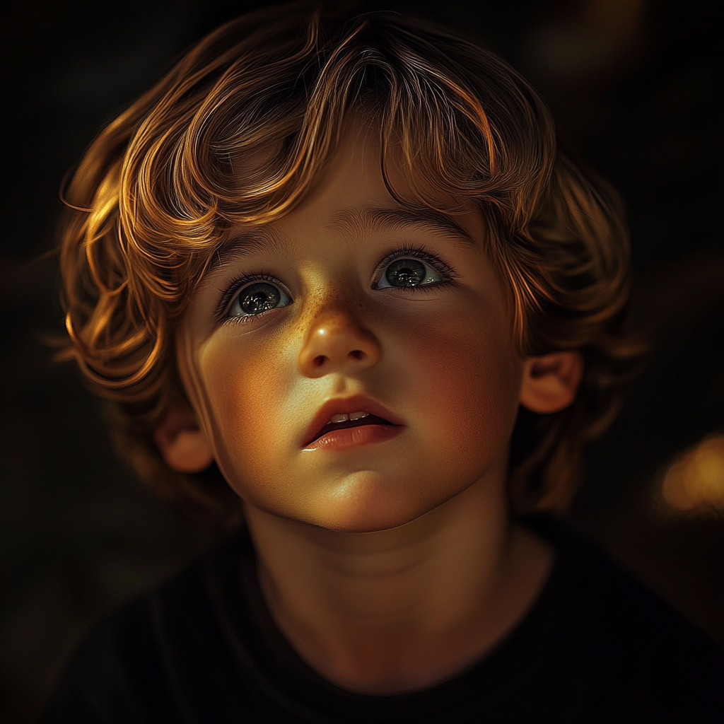 Un bambino triste che guarda in alto | Fonte: Midjourney