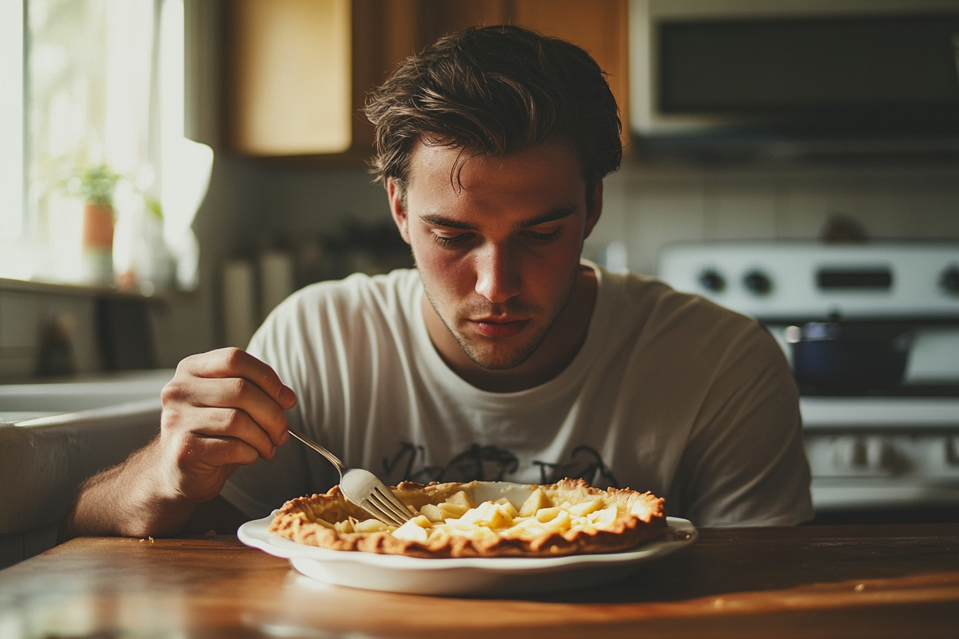 Un hombre comiendo tarta de manzana | Fuente: Midjourney