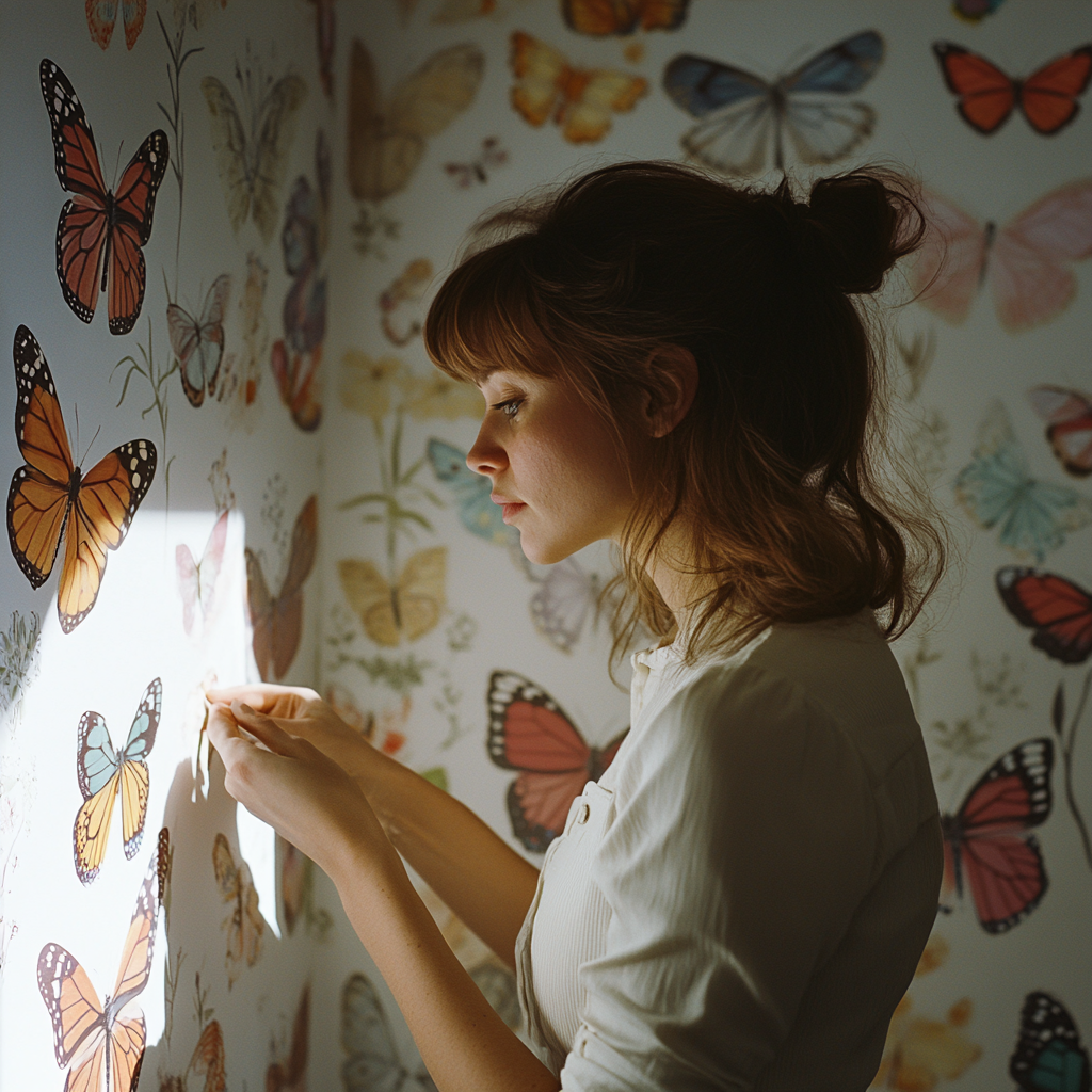 Una mujer aplicando papel pintado | Fuente: Midjourney