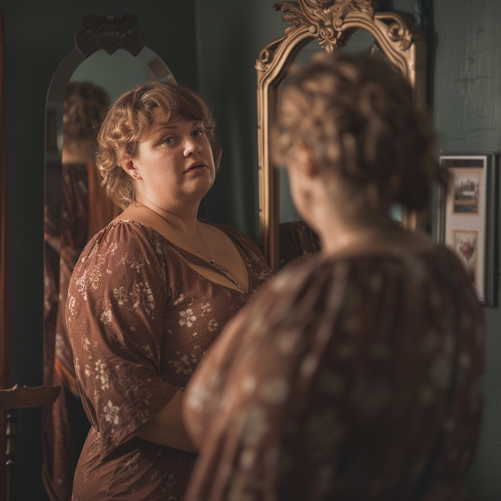 Una mujer mirando su reflejo en el espejo | Fuente: Midjourney