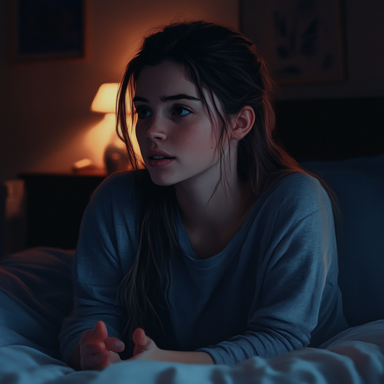 Una adolescente conversando por la noche en la cama | Fuente: Midjourney