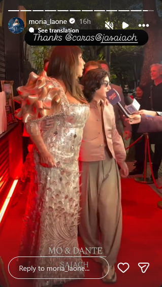 Moria Casán y su nieto Dante Della Paolera en la alfombra roja de la gala de CARAS Moda | Fuente: Instagram Stories/moria_laone