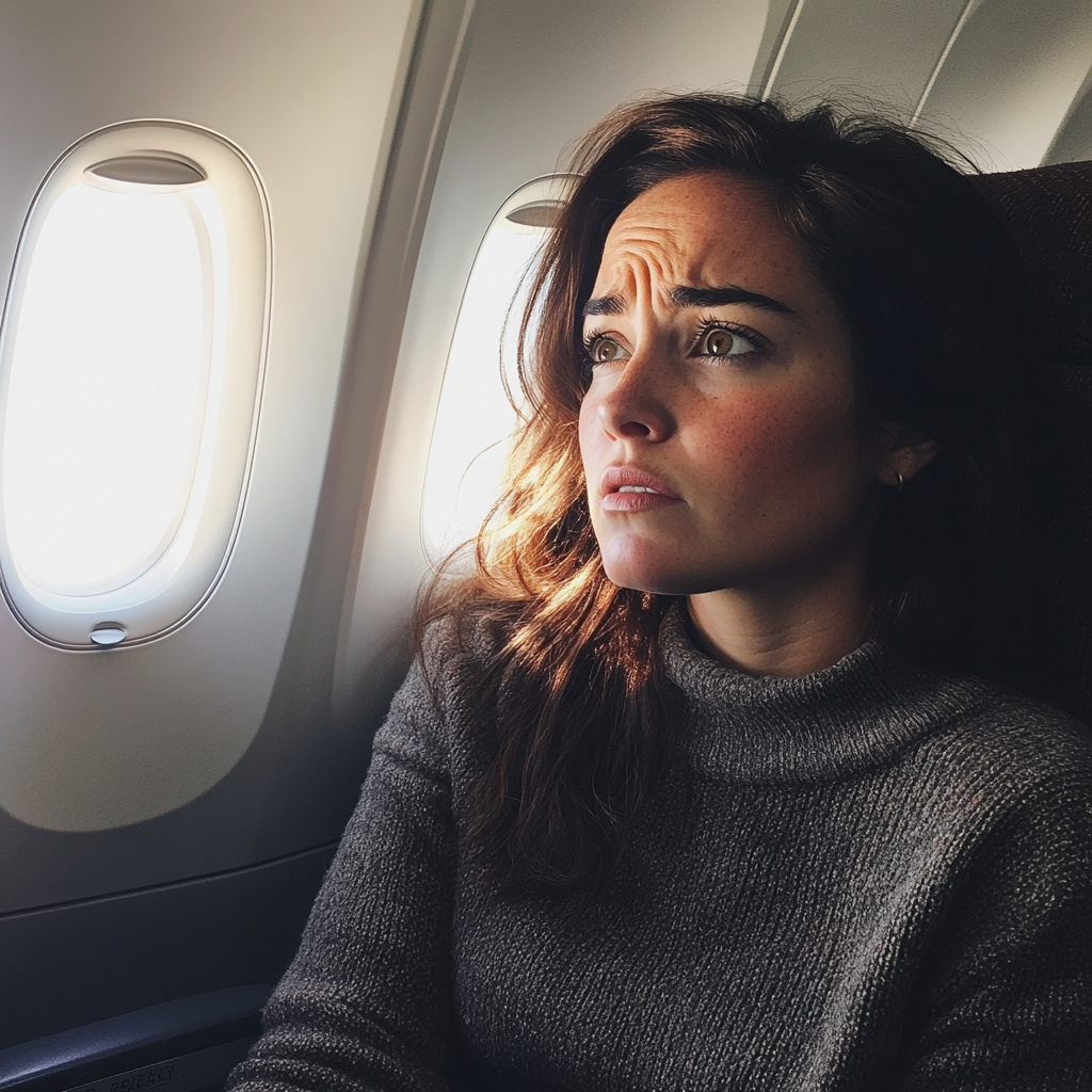 Una mujer disgustada sentada en un avión | Fuente: Midjourney