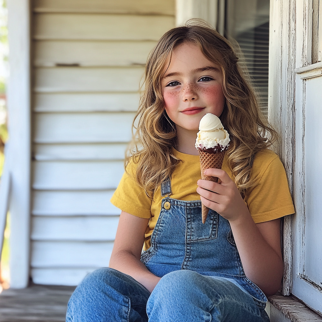 Una niña sentada en un porche y comiendo un helado | Fuente: Midjourney