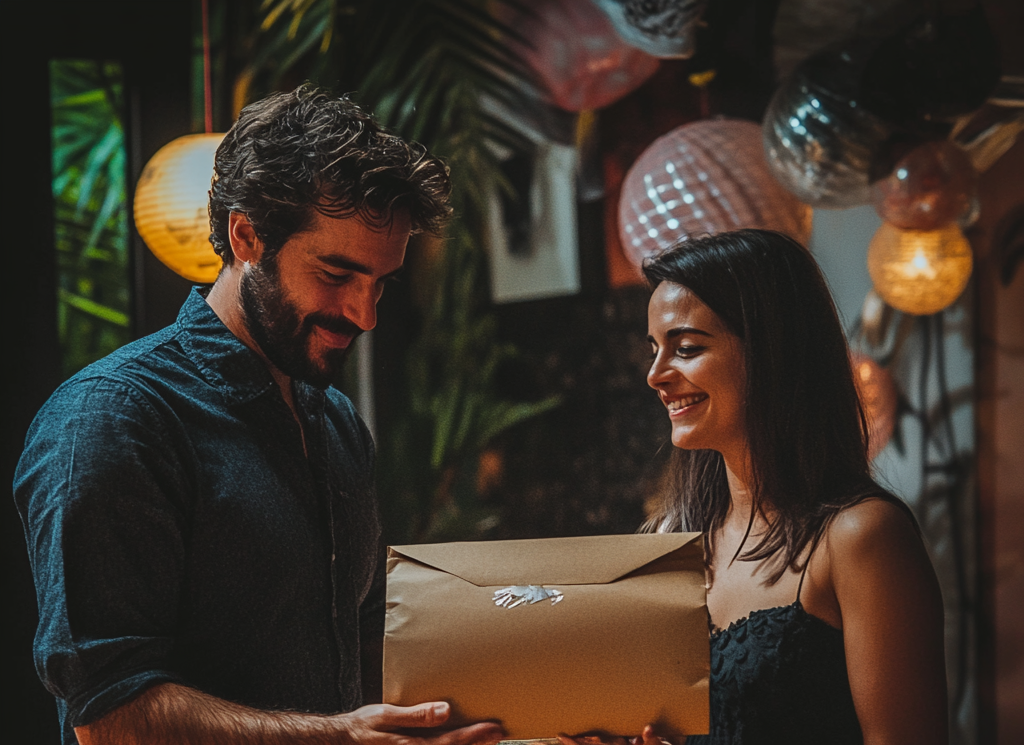 Un hombre entrega un gran sobre como regalo a su esposa en su fiesta de cumpleaños | Fuente: Midjourney