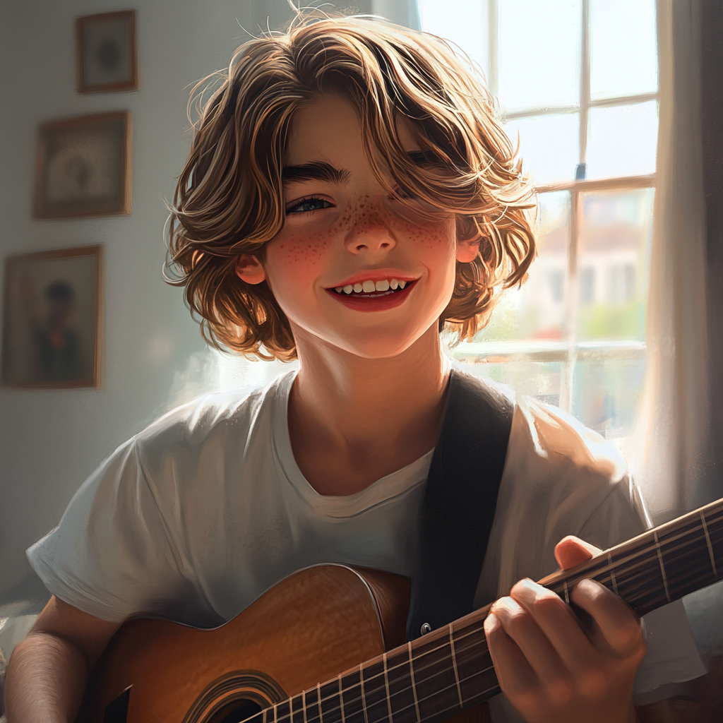 Un niño alegre tocando la guitarra en su habitación | Fuente: Midjourney