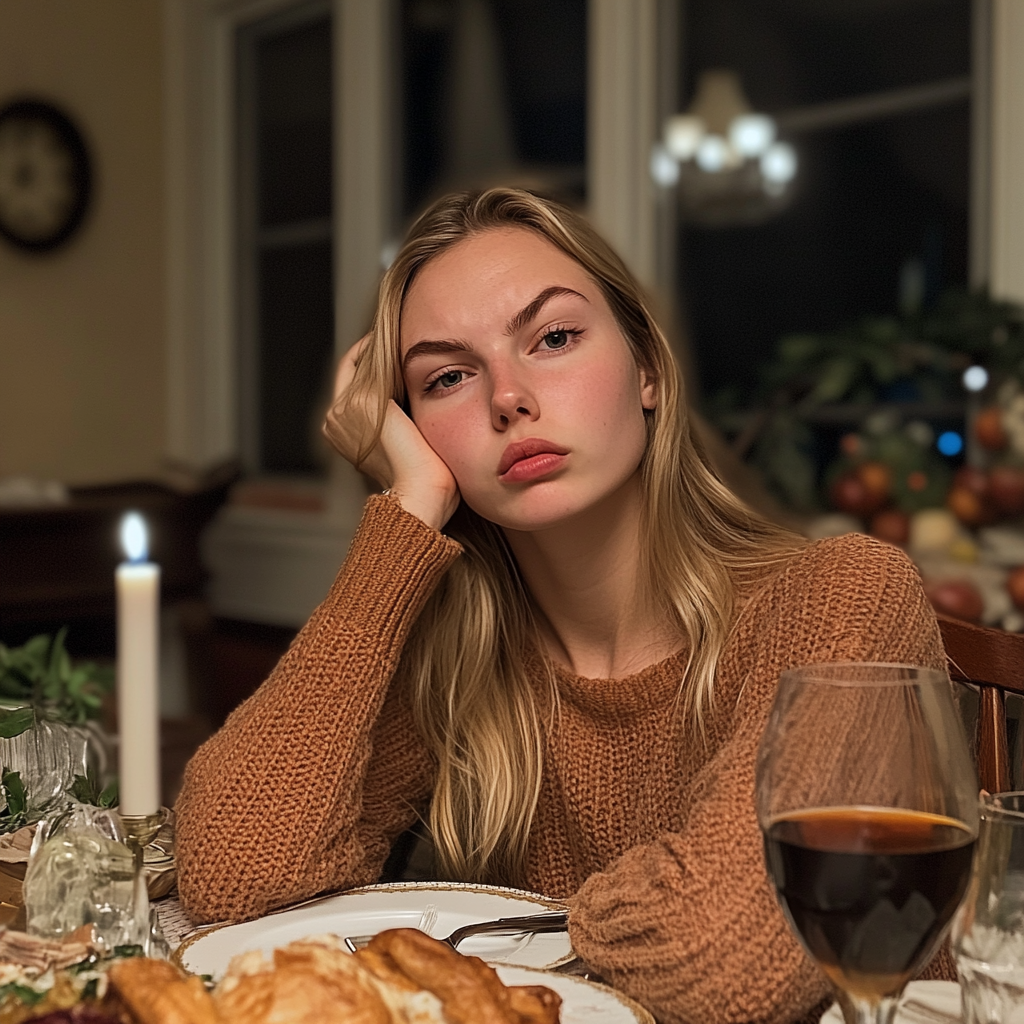 Una mujer poco impresionada en una cena de Acción de Gracias | Fuente: Midjourney