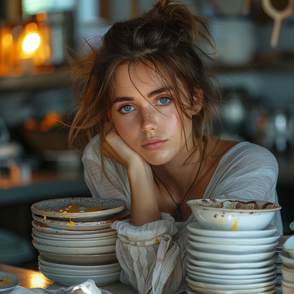 Allison cansada frente a platos sucios | Fuente: Midjourney
