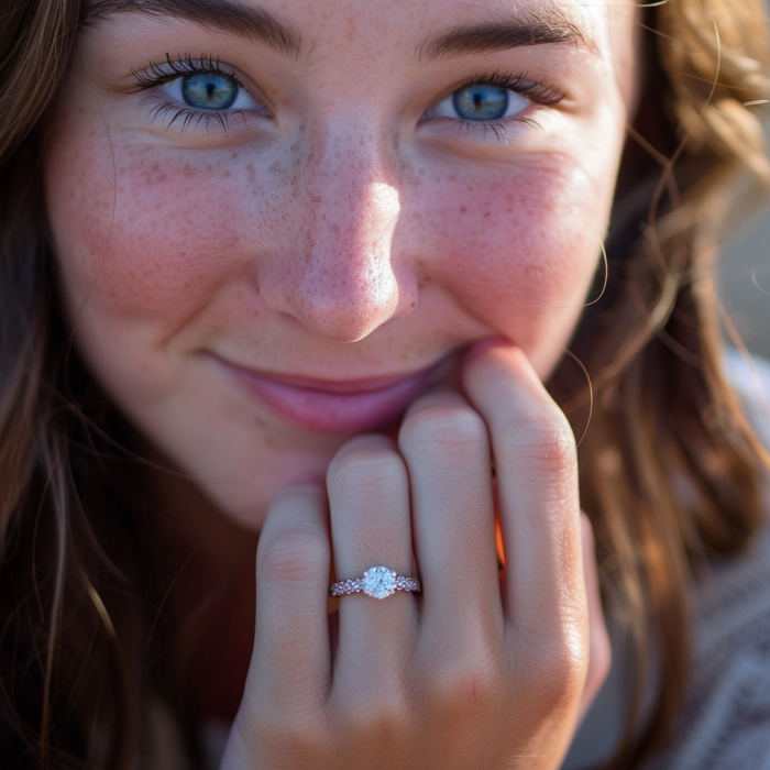 Primer plano de una mujer luciendo su anillo de diamantes | Fuente: Midjourney