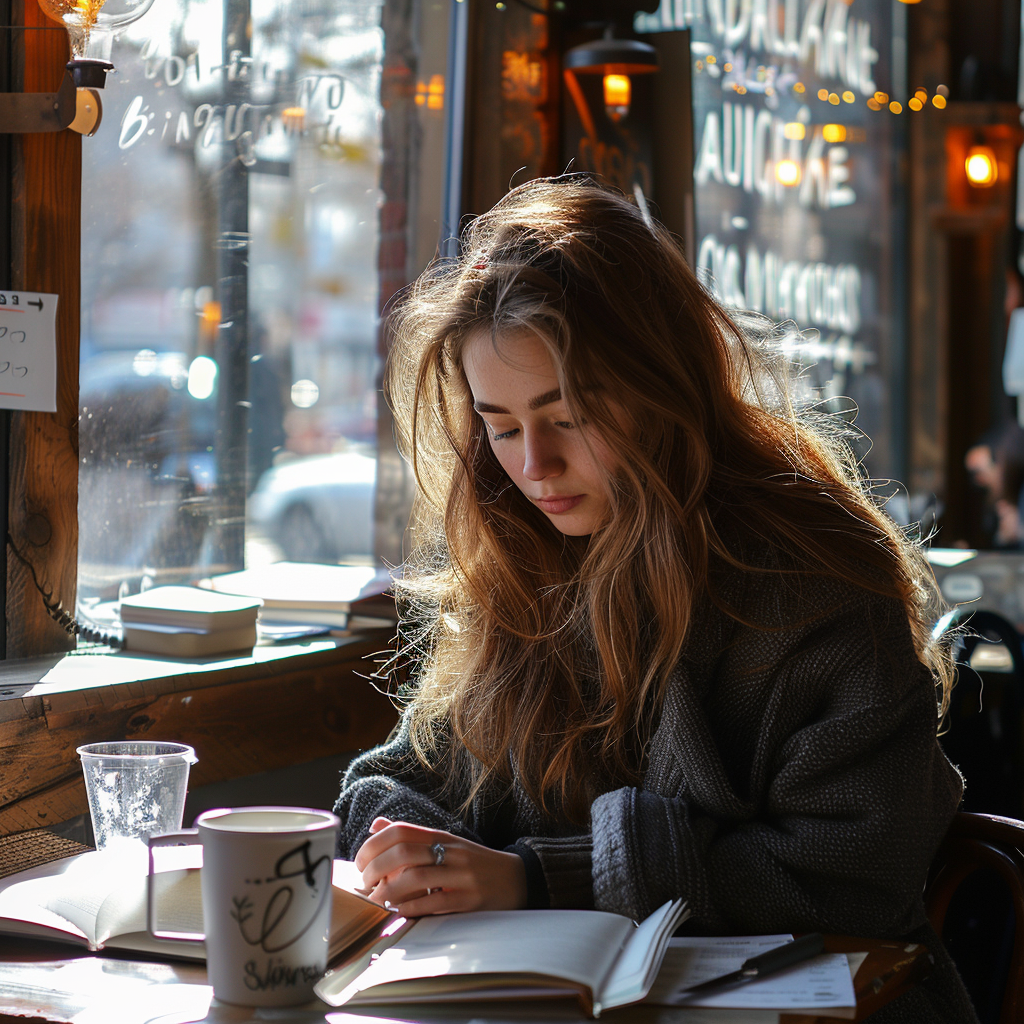 Una mujer estudiando en un café | Fuente: Midjourney