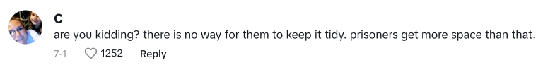 "¿Estás bromeando? No hay espacio para que lo tengan ordenado. Los presos tienen más espacio que eso" | Comentario en el post de Nicole Wong en TikTok | Foto: tiktok.com/the.wisdom.family7