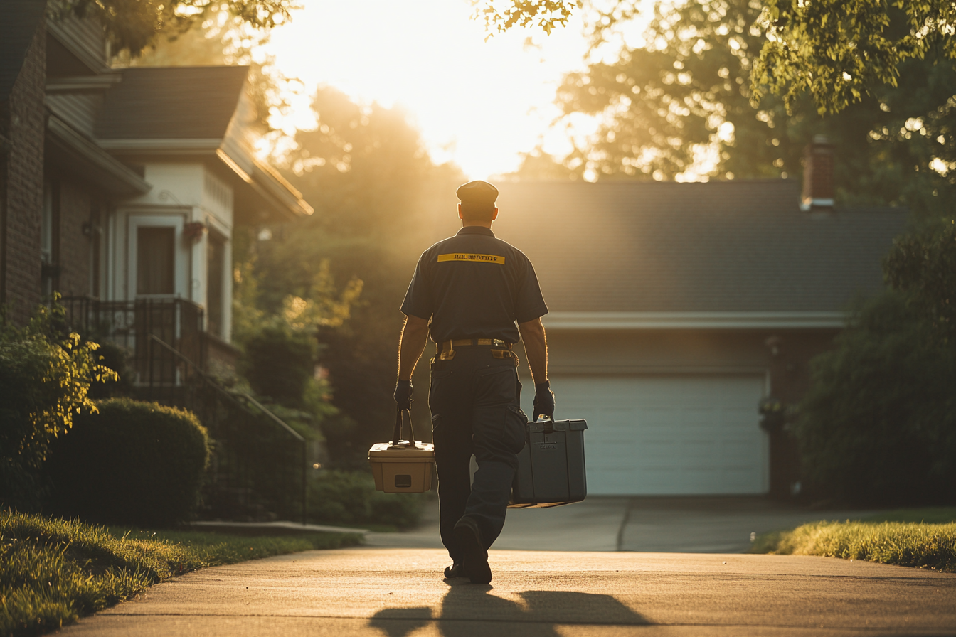 Un hombre de uniforme sujetando cajas de herramientas mientras sube por un camino de entrada | Fuente: Midjourney