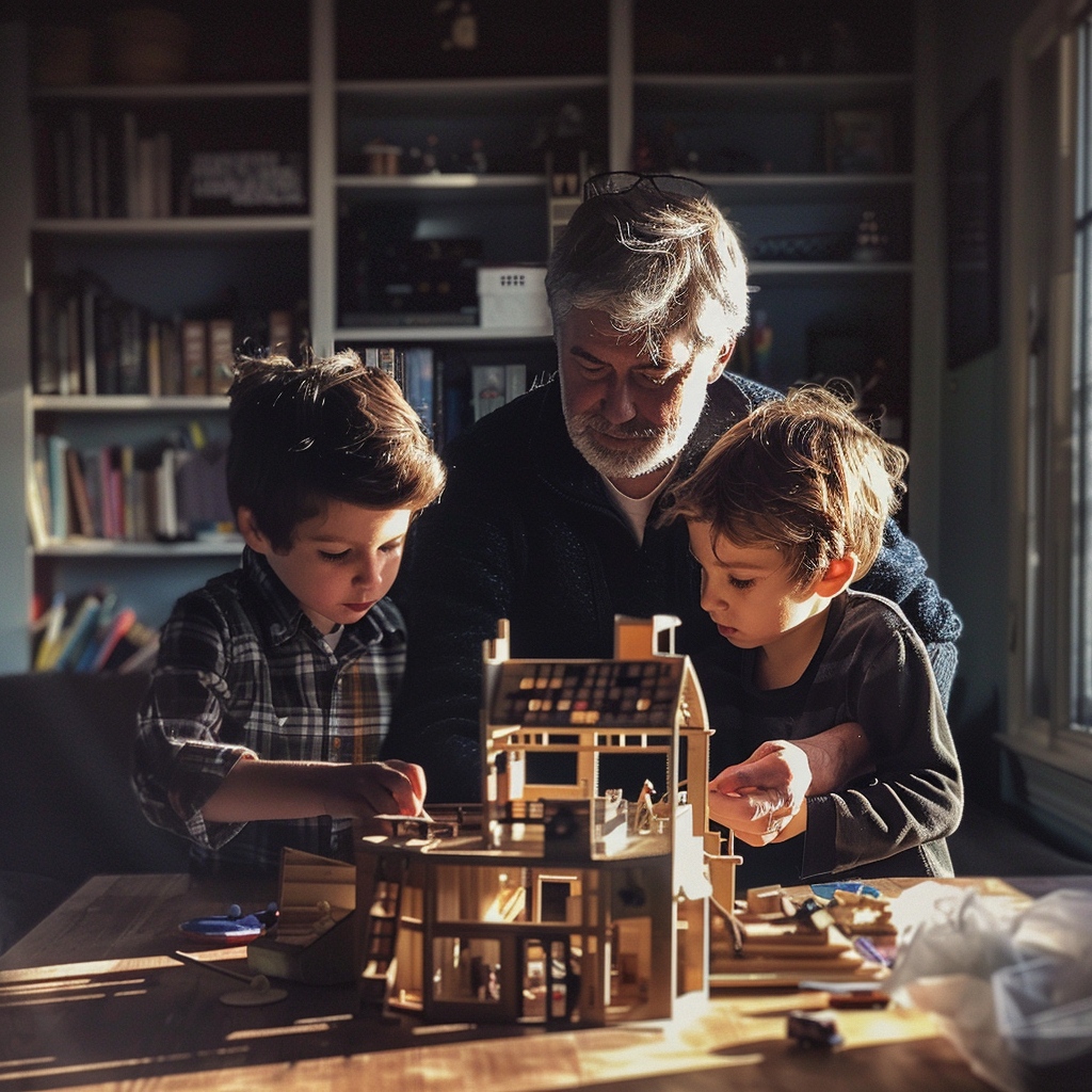 Un hombre y dos niños construyendo una casa de muñecas | Fuente: Midjourney