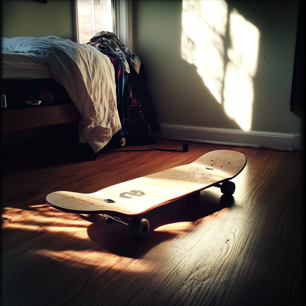 Un monopatín en la habitación de un adolescente | Fuente: Midjourney