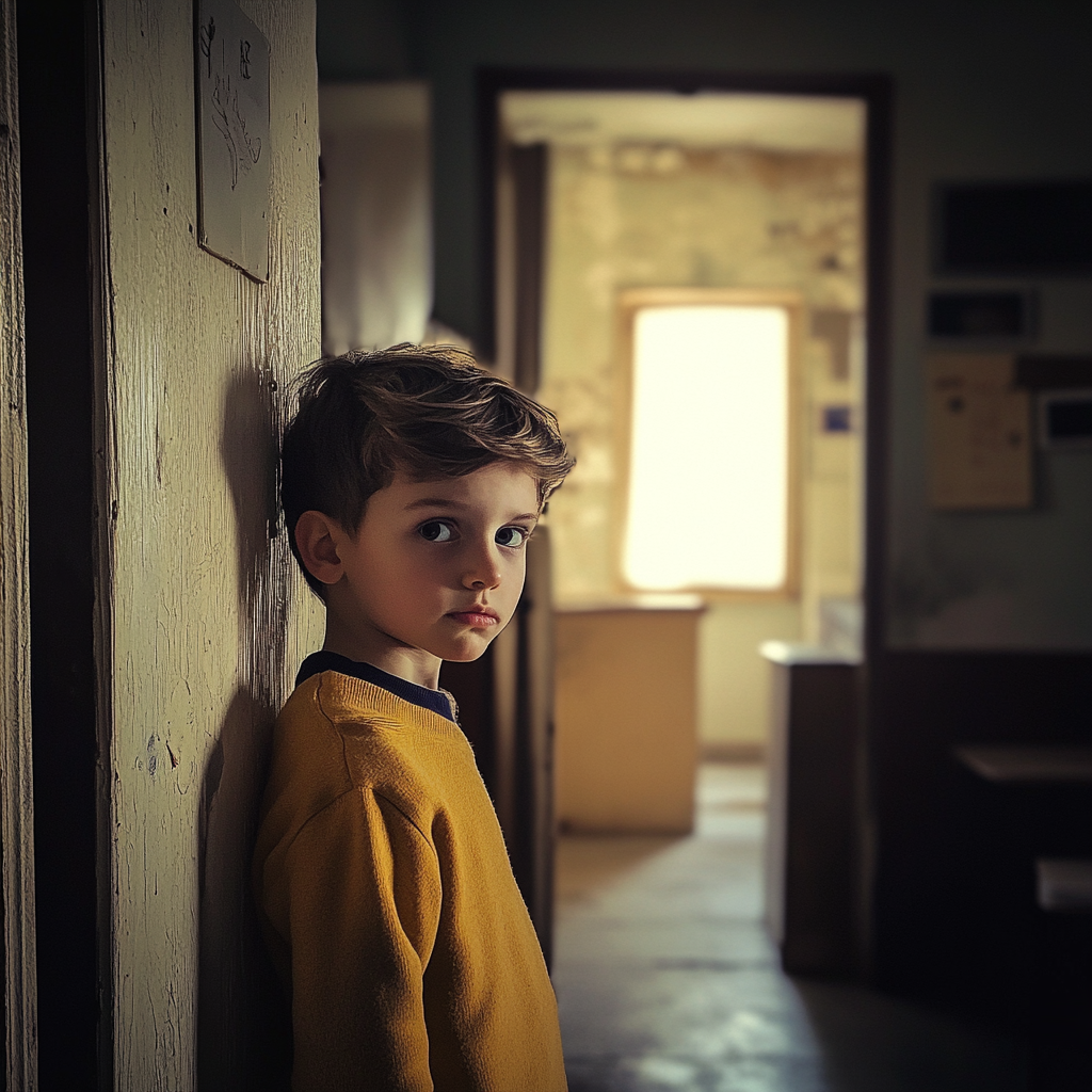 Un niño angustiado abriendo la puerta del apartamento que comparte con su madre y su hermana. | Fuente: Midjourney