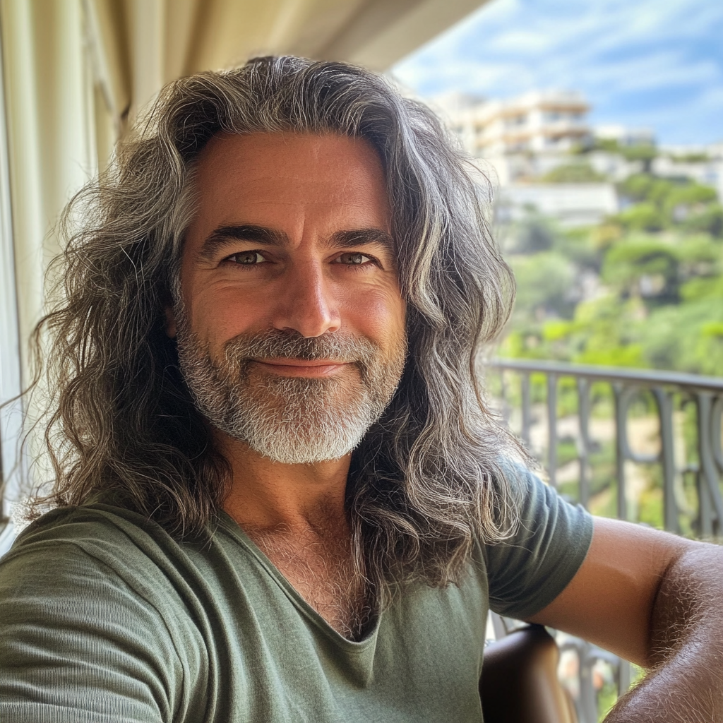 Un hombre sonriente sentado en un balcón | Fuente: Midjourney